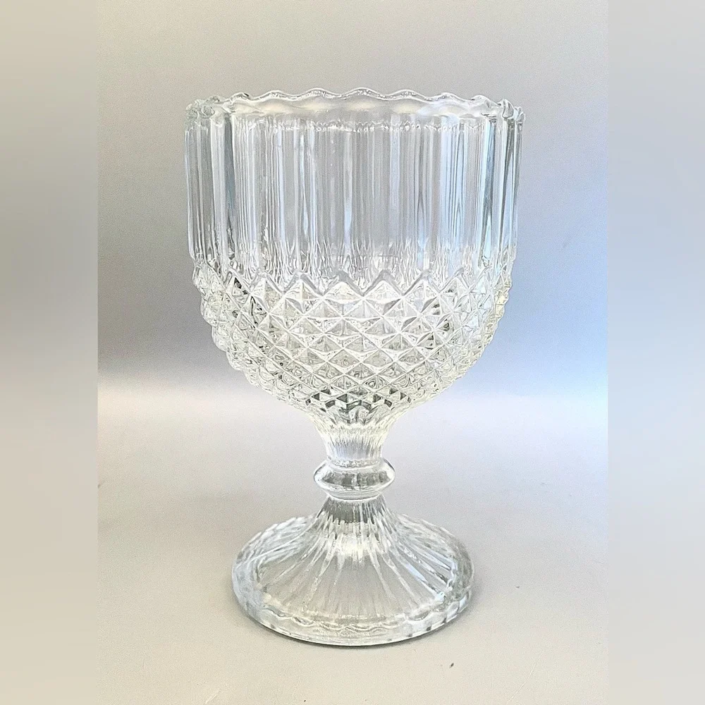 Vintage Indiana Glass Diamond Point Goblet 6” Vase Clear Pressed Glass Chalice